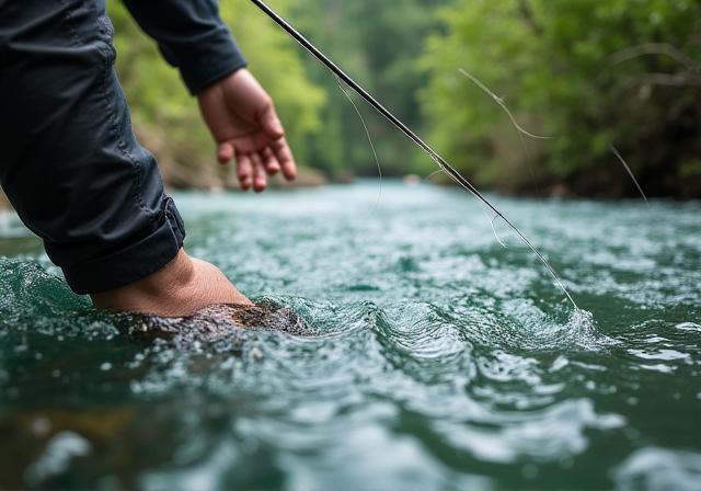 Pescatore a mosca in un torrente montano